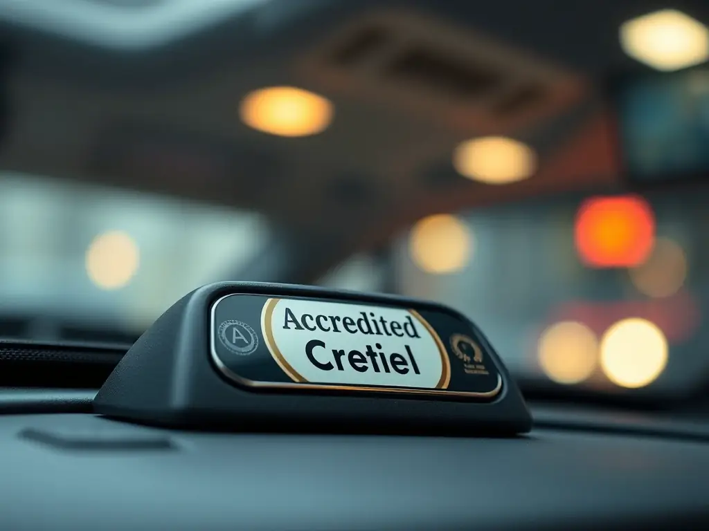 A close-up of an Accredited Taxi Créteil's accreditation badge displayed prominently on the dashboard, emphasizing the company's commitment to quality and safety standards.