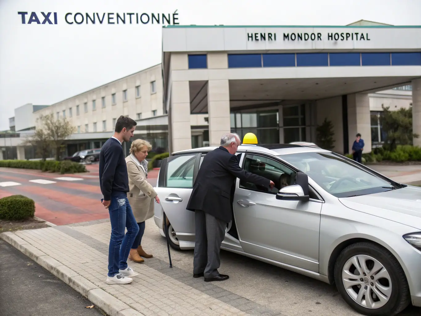 A clean and comfortable taxi parked outside the Henri Mondor hospital, with a focus on accessibility features and a friendly driver assisting a patient.