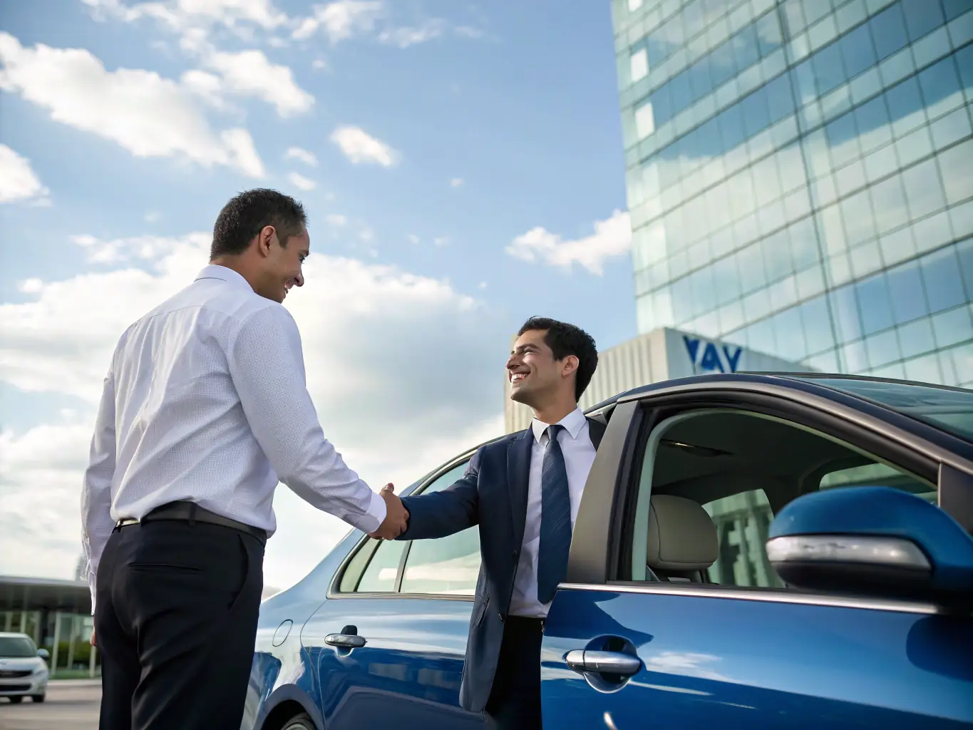 A professional taxi driver in Créteil, smiling and holding the door open for a passenger in front of the Henri Mondor Hospital, symbolizing reliable and caring service.