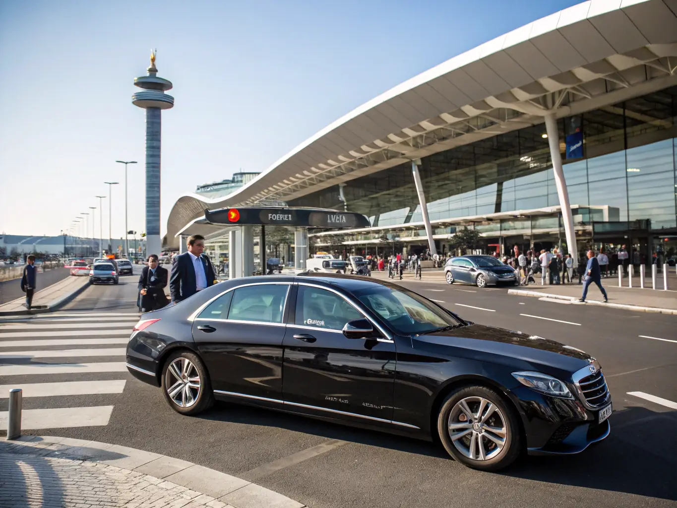 A taxi arriving at Charles de Gaulle airport, with a clear view of the terminal and luggage being loaded into the trunk, emphasizing the punctuality and reliability of airport transfer services.