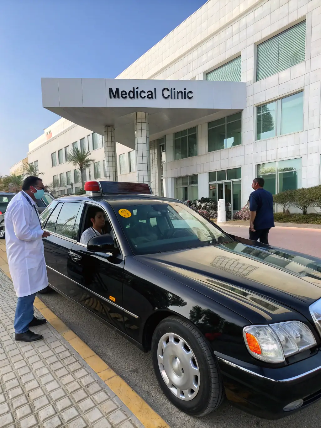A clean, accessible taxi arriving at the entrance of Henri Mondor Hospital, with medical staff assisting patients, showcasing Accredited Taxi Créteil's hospital transportation service.