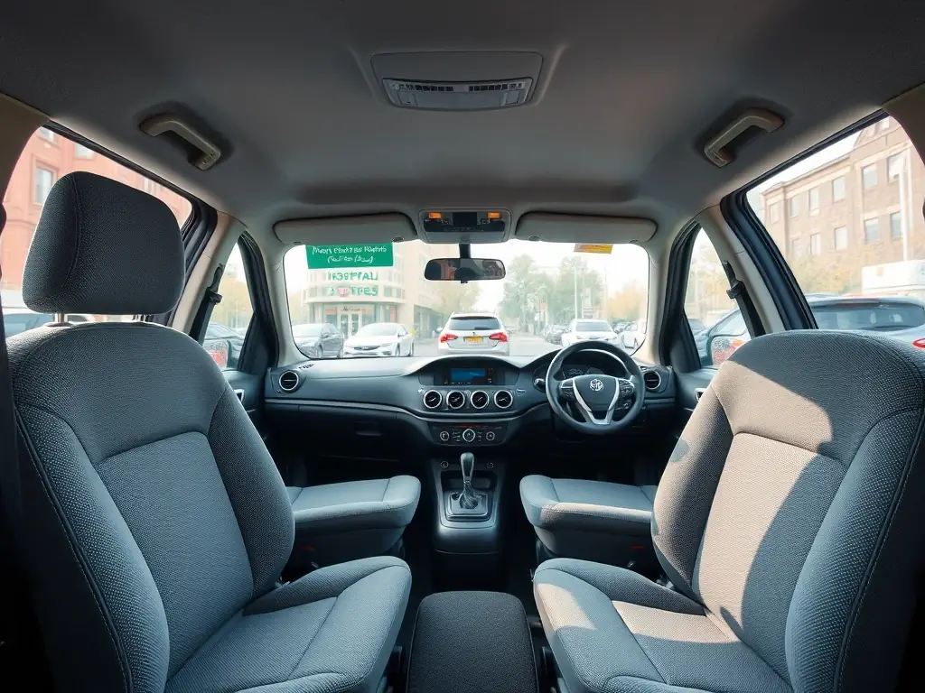 An interior shot of a taxi cab, showcasing comfortable seating and ample legroom, emphasizing the comfort of the ride.
