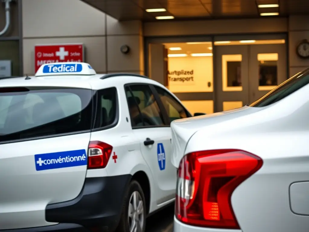 A taxi parked outside a hospital entrance, clearly displaying the 'conventionné' sticker, highlighting the company's authorization for medical transport.