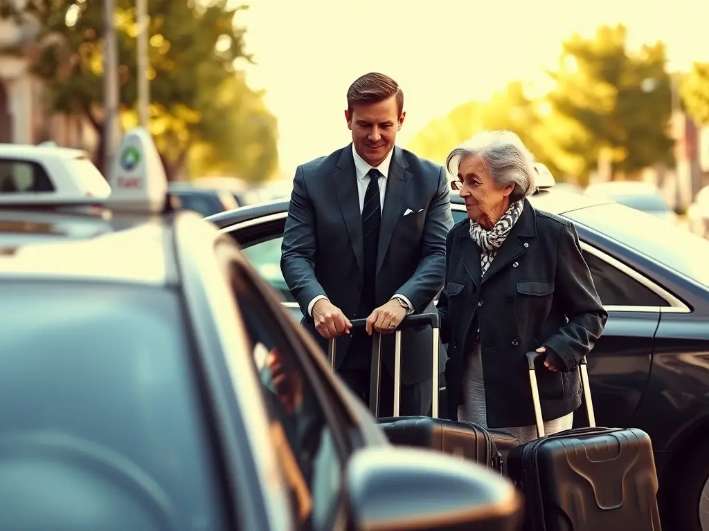 A professional taxi driver in a suit assisting a senior citizen with their luggage near a modern, clean taxi at Chennevières-sur-Marne.