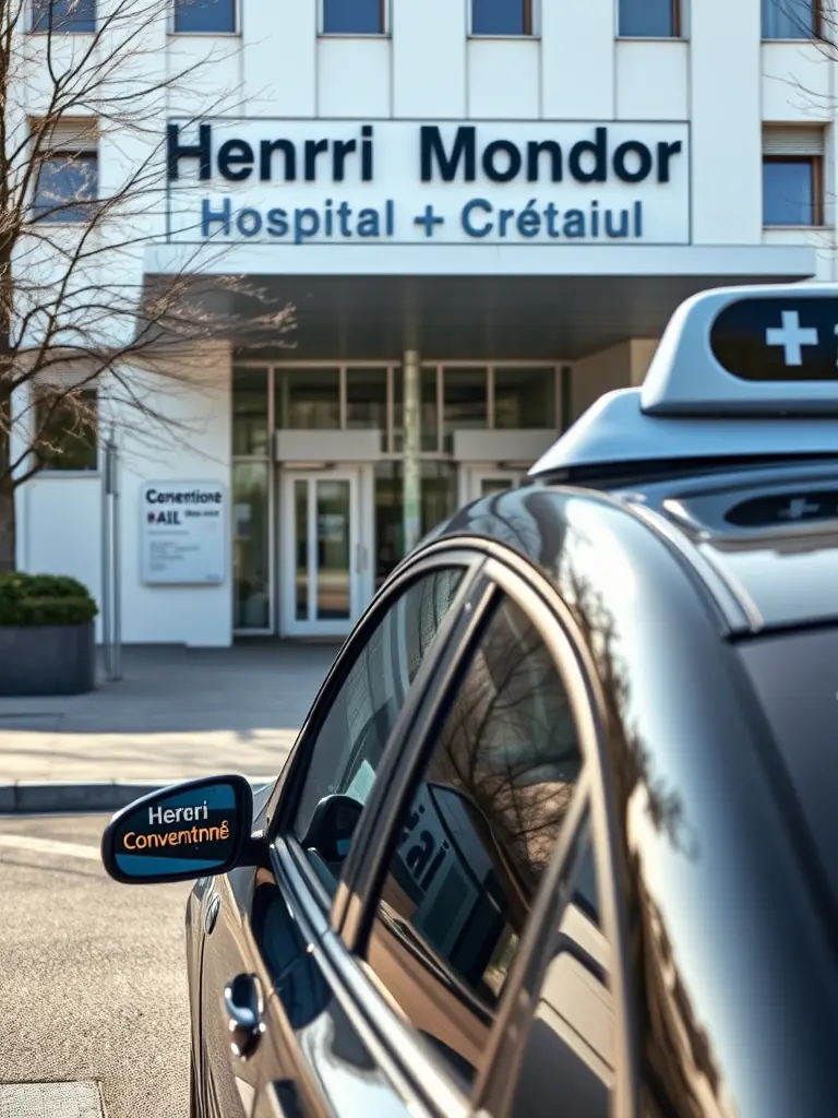 A modern, clean taxi arriving at the entrance of the Henri Mondor Hospital in Créteil, with a clear 'conventionné' sign displayed. The scene is bright and professional, emphasizing reliability.