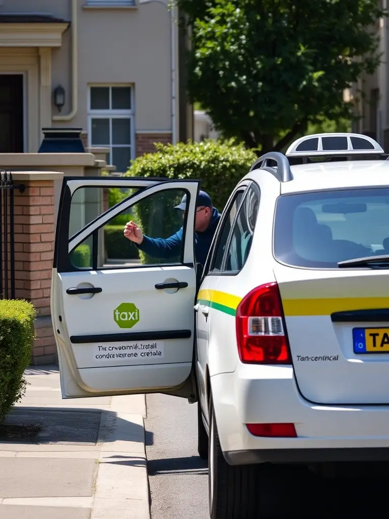 A high-quality photograph of a Taxi conventionné Créteil taxi arriving promptly at a Nogent-sur-Marne address to pick up a client, showcasing punctuality and reliability.