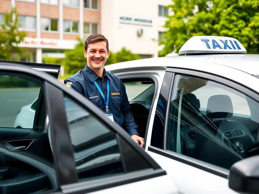 A professional taxi driver in Créteil, smiling and holding the door open for a passenger in front of Henri Mondor hospital, showcasing excellent customer service.