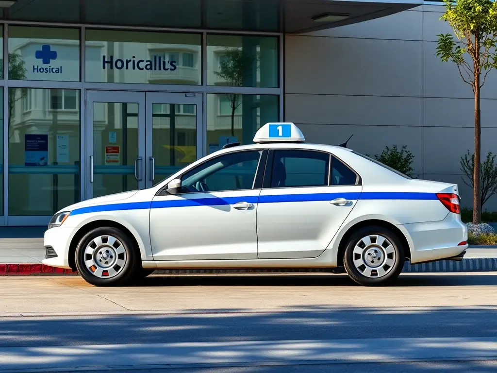 A clean, modern taxi cab parked outside a hospital entrance, symbolizing reliable and safe transportation for medical appointments.