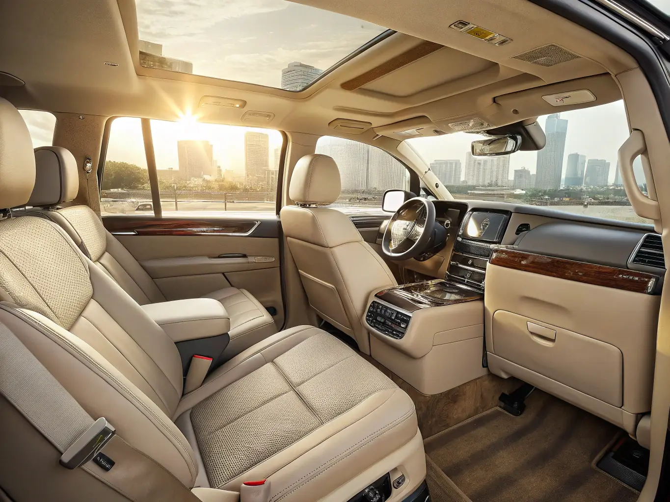 Interior of a Taxi conventionné Créteil taxi, showcasing comfortable seating, ample legroom, and a clean, well-maintained environment. The focus is on passenger comfort and a smooth ride.