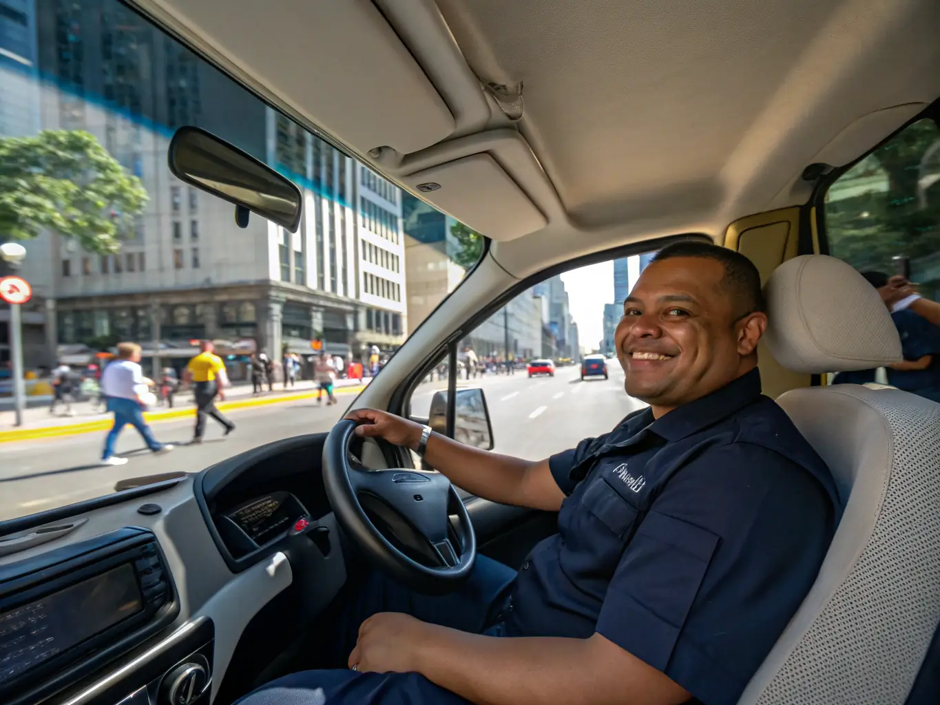 A friendly and experienced taxi driver navigating through the streets of Créteil, highlighting local expertise and safe driving practices.