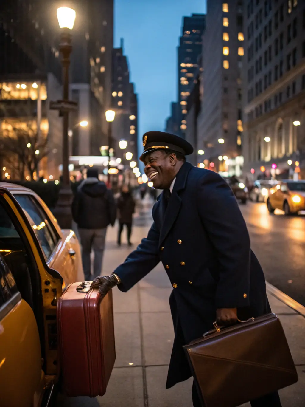 A professional taxi driver assisting a patient with luggage, highlighting the courteous and helpful nature of the service.
