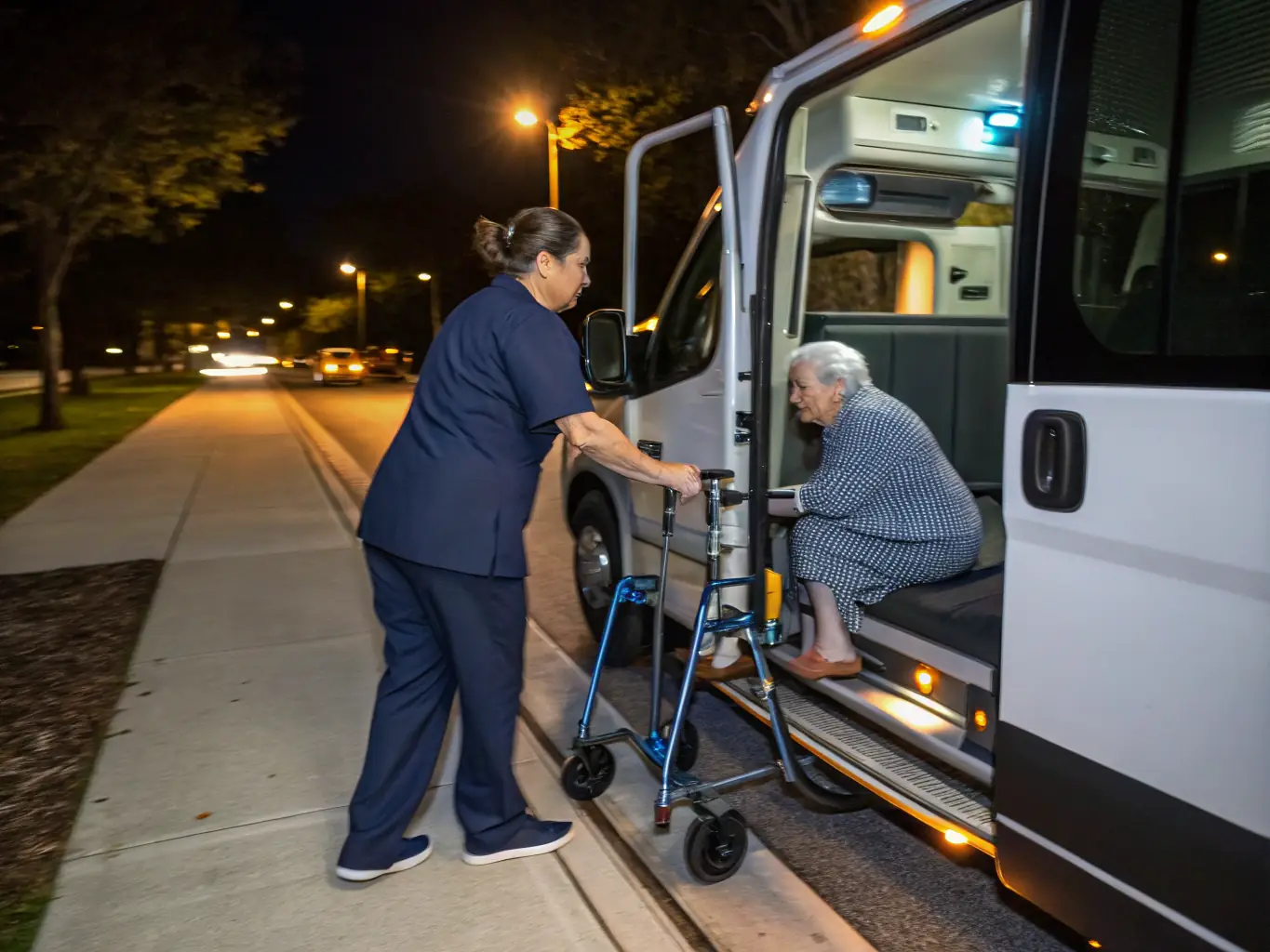 A professional taxi driver assisting a patient with mobility issues into a modern, clean taxi outside of Henri Mondor Hospital in Créteil. The scene is bright and reassuring, emphasizing care and accessibility.