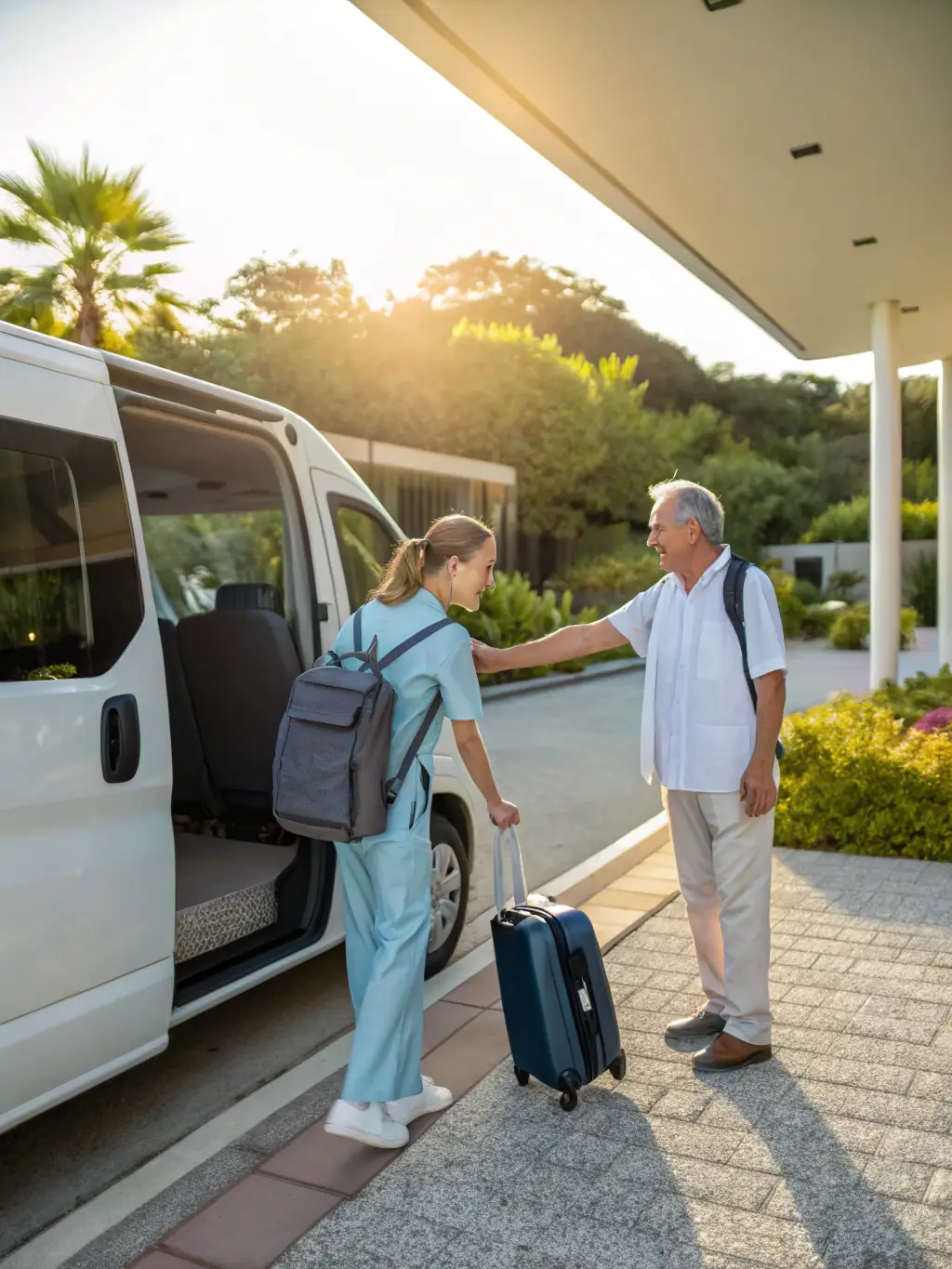 A professional taxi driver in a suit assisting a patient with luggage into a taxi near the Créteil Intercommunal hospital.