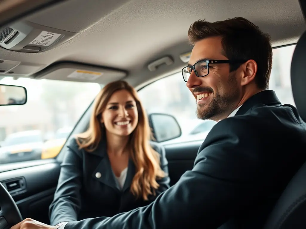 A professional taxi driver in uniform, smiling and holding the door open for a passenger, representing the high standard of service and customer care provided by the company.