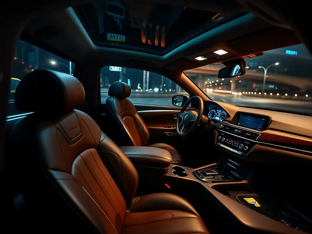 An interior shot of a taxi cab, showcasing comfortable seating, ample legroom, and a clean environment, emphasizing the comfort and quality of the ride.