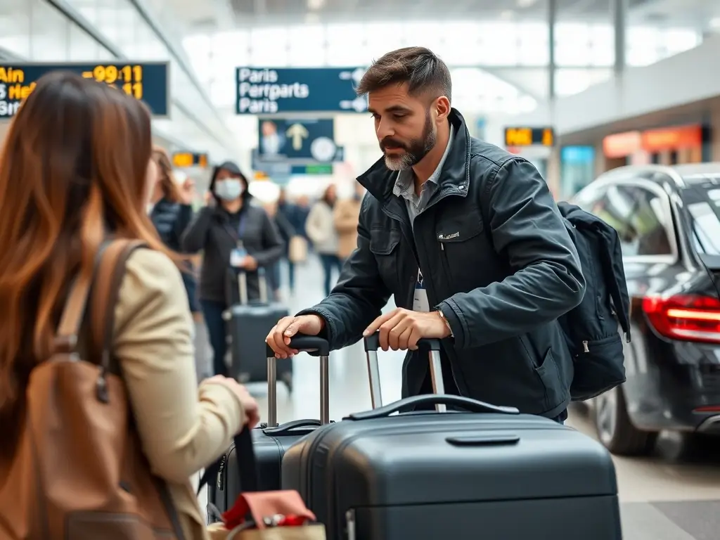 A professional taxi driver in Créteil, smiling and assisting a passenger with their luggage in front of the Henri Mondor Hospital, showcasing reliability and care.