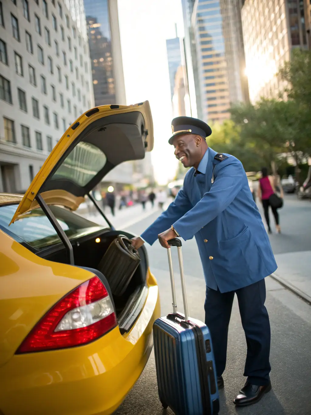 A friendly Taxi conventionné Créteil driver assisting a passenger with their luggage in Nogent-sur-Marne, highlighting the personalized service offered.