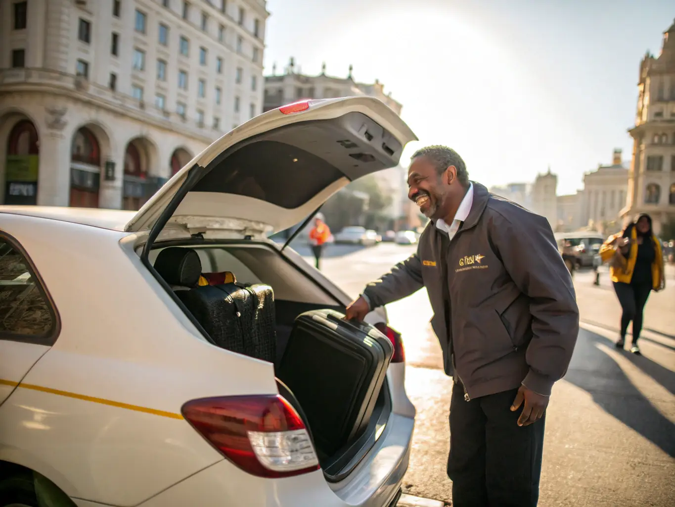 A smiling taxi driver assisting a passenger with their luggage, highlighting the friendly and helpful service provided in Villiers-sur-Marne.