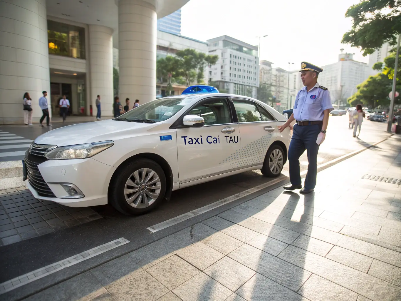 A modern, clean taxi cab parked neatly on a Champigny-sur-Marne street, with a friendly driver assisting a passenger with their luggage, symbolizing reliability and convenience.