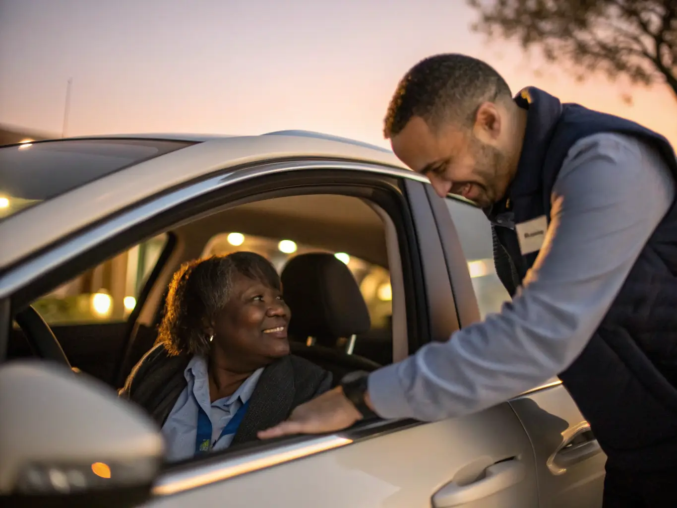 A professional taxi driver assisting a passenger with mobility issues, helping them get into the taxi, emphasizing the company's commitment to accessible and caring service.