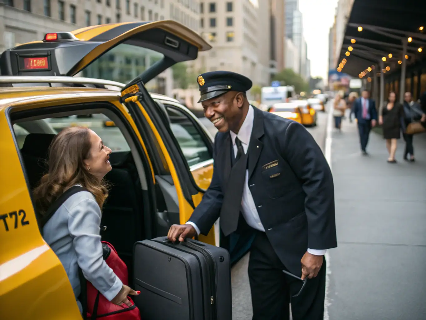 A professional taxi driver in Maisons-Alfort assisting a passenger with their luggage, showcasing the helpful and courteous service provided by Taxi conventionné Créteil.