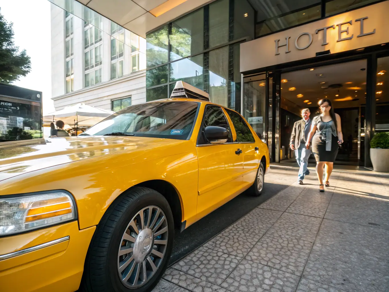 A clean and modern taxi cab is parked outside a hospital entrance, symbolizing reliable and convenient transportation for medical appointments.