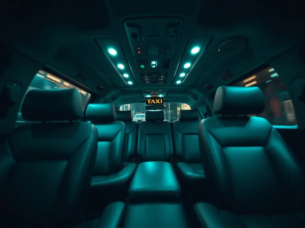 A modern, clean taxi interior with a focus on passenger comfort, showcasing ample legroom and a professional driver in the background, suggesting a smooth and comfortable ride.