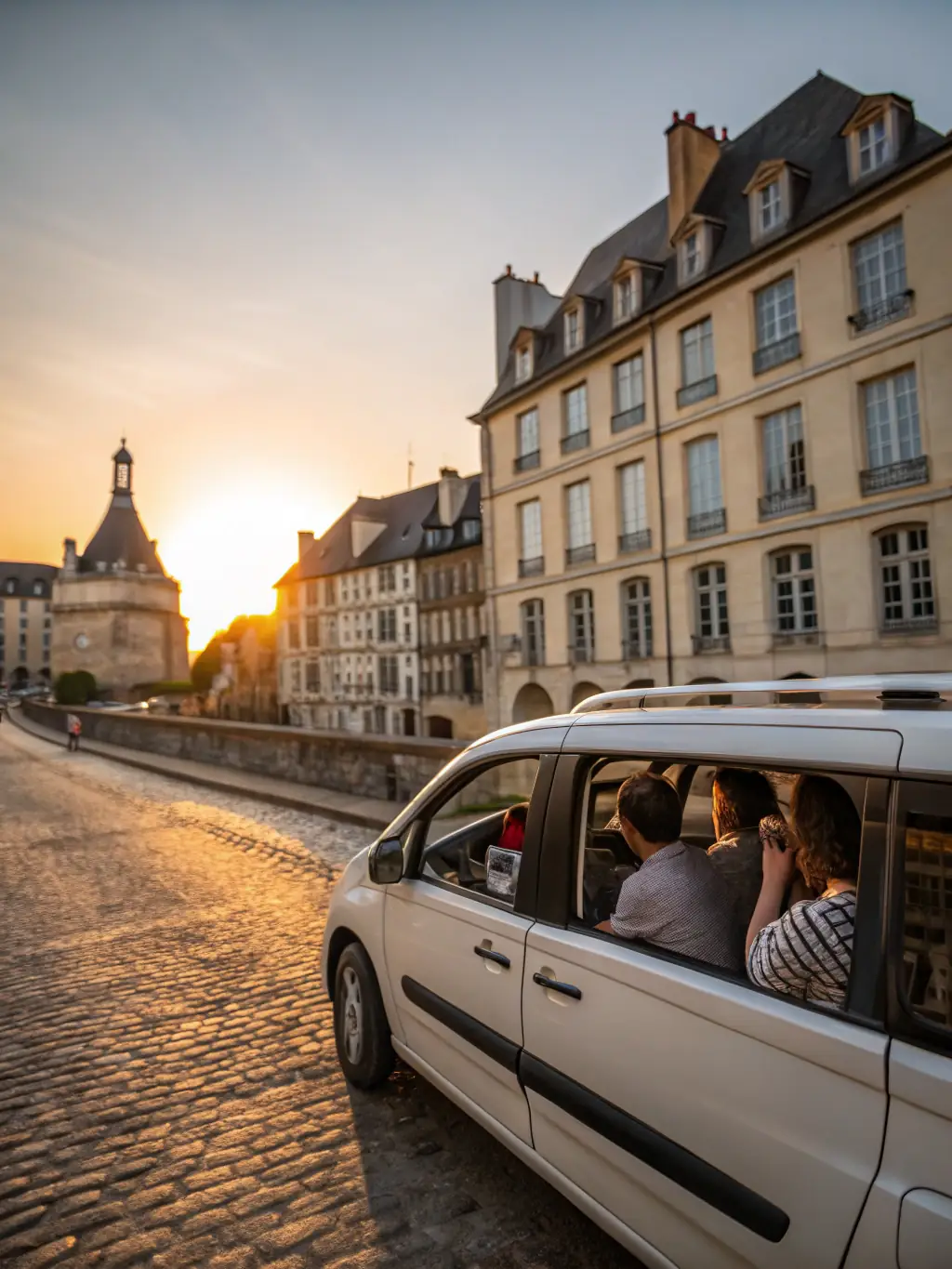 A taxi driving on a highway with the skyline of Créteil in the background, emphasizing speed and efficiency.
