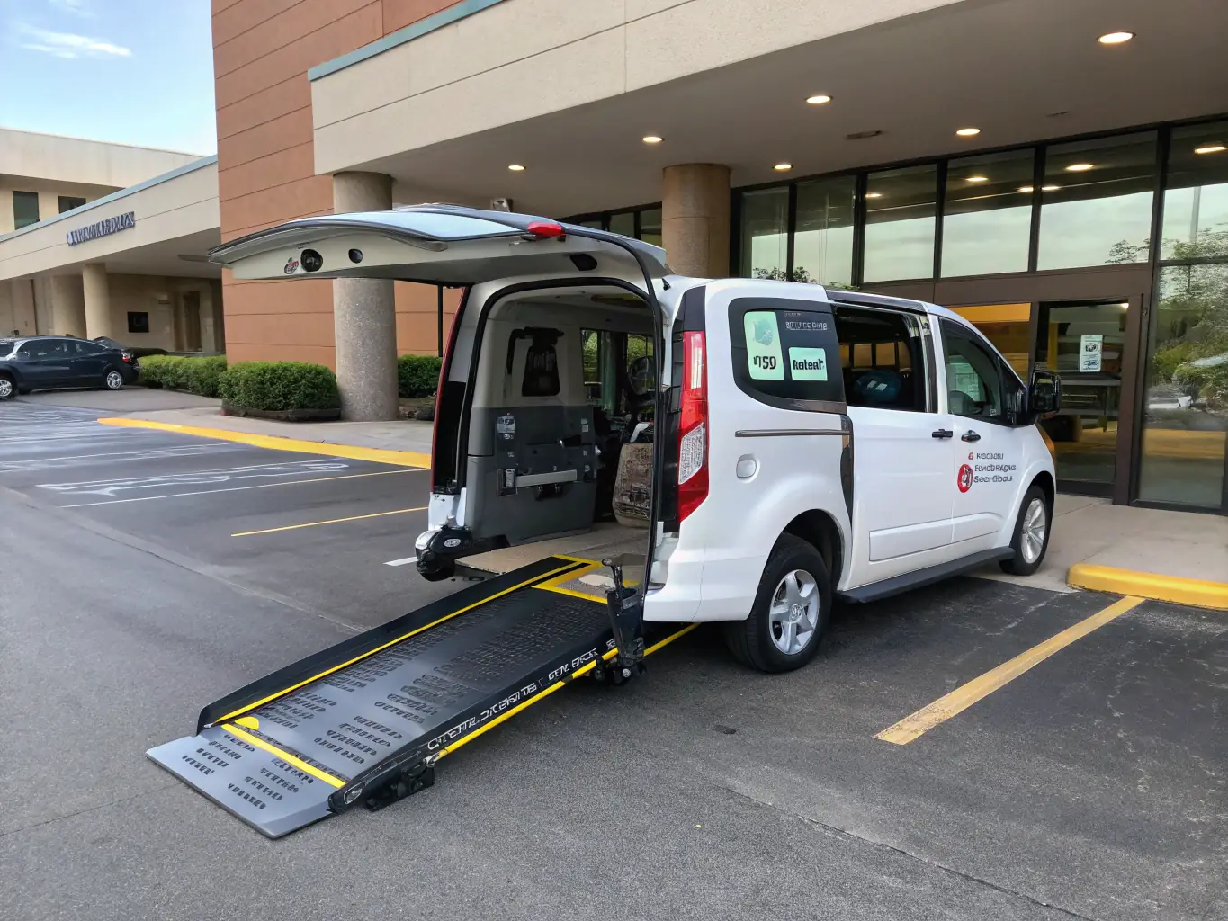 A modern, clean taxi cab parked in front of a hospital in Maisons-Alfort, highlighting the convenience and accessibility of Taxi conventionné Créteil for medical appointments.