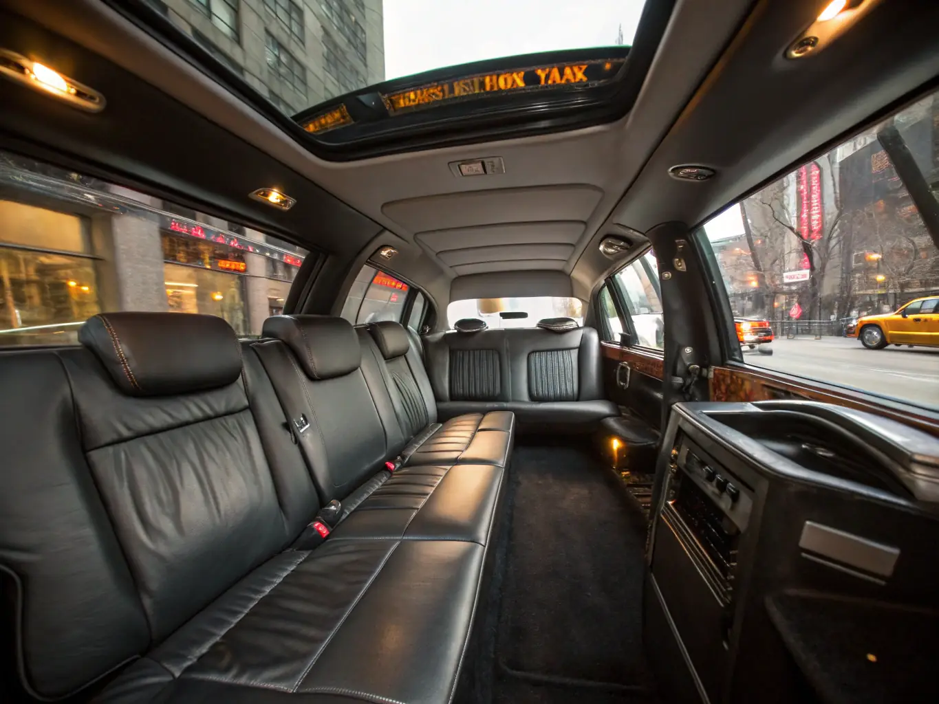 A photograph showcasing the interior of a clean and comfortable taxi, highlighting the spacious seating and amenities for a relaxing ride.