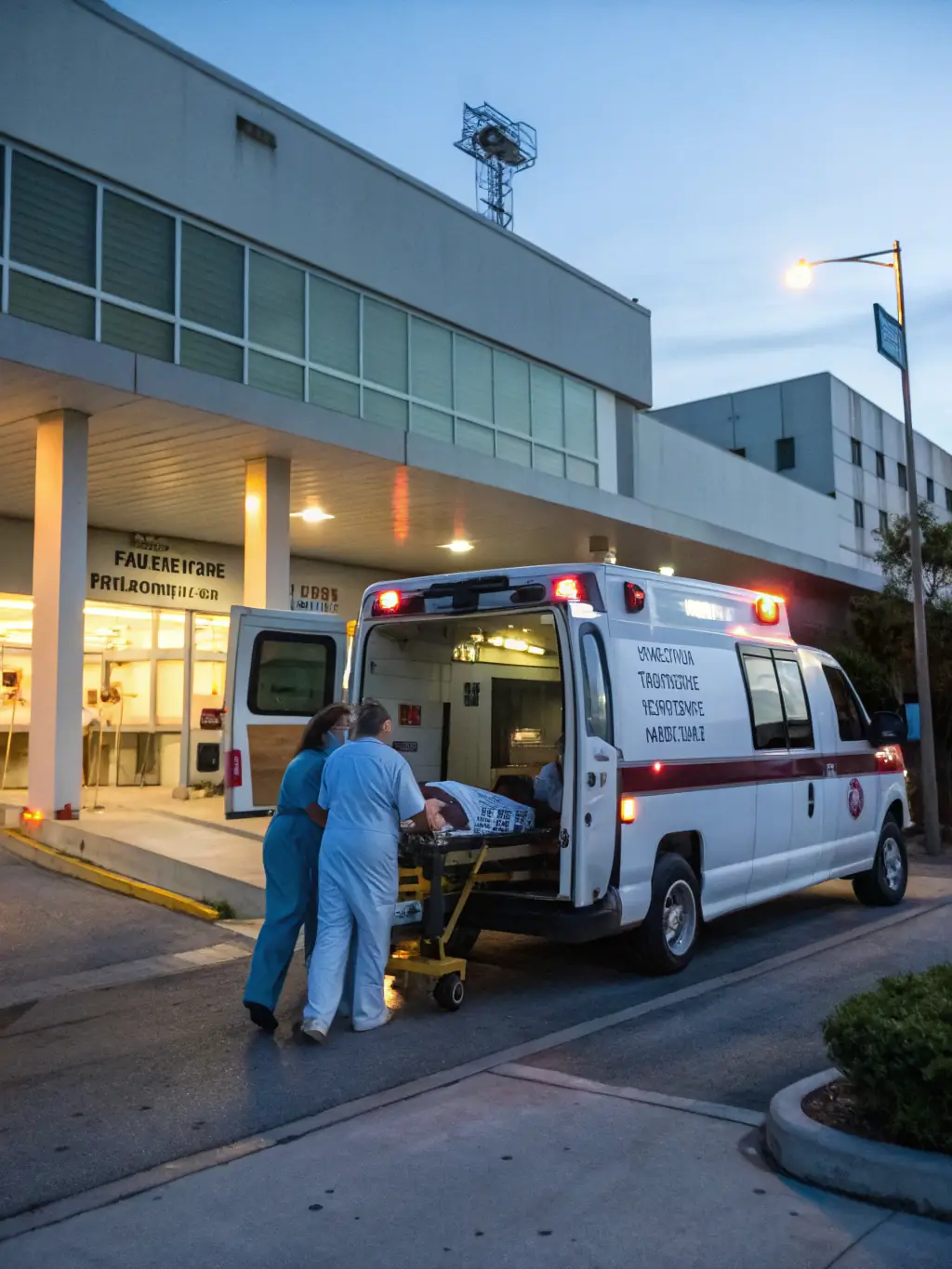 A clean, modern taxi arriving at the entrance of Henri Mondor Hospital in Créteil, with a focus on conveying reliability and punctuality.