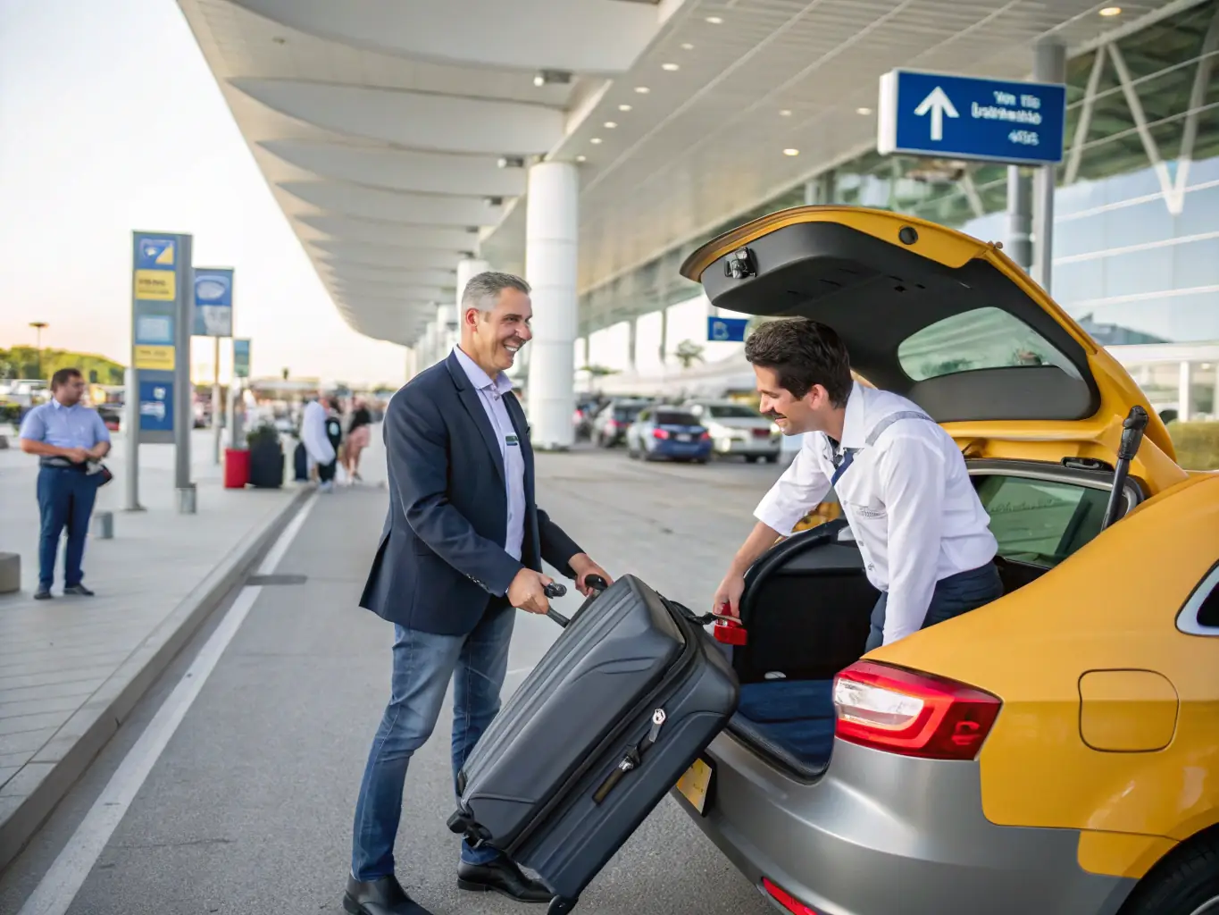 A photograph of a friendly and professional taxi driver assisting a passenger with their luggage, showcasing excellent customer service.