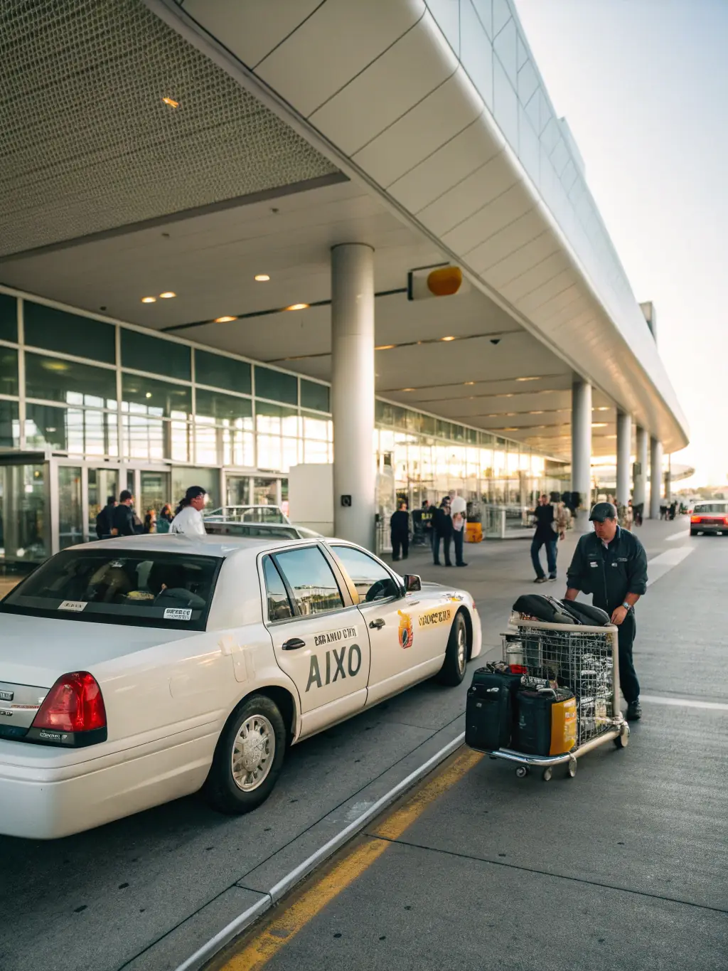 A taxi waiting outside the Orly Airport terminal, with a passenger exiting with luggage. The scene is well-lit and conveys efficiency and punctuality.
